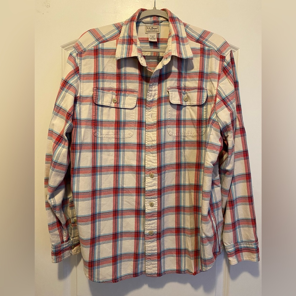 L.L. Bean 100% Cotton Flannel Shirt Large Red Cream Blue Classic Fit